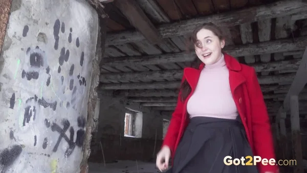 White girl Alexa ducks into an abandoned farm building for a badly needed piss  - Pissing, Pantyhose, Outdoor, Non Nude, PAWG, Skirt, Ass, Close Up, Babe, Beautiful  - Photo 14