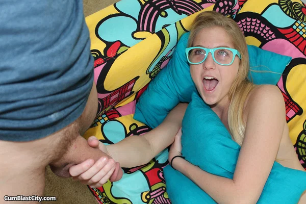Petite teen Chasity in glasses giving handjob & getting cum on tiny tits  - Glasses, Reality, Teen, Handjob, Blonde, Panties, Big Cock, Tiny Tits, Facial, Spreading  - Photo 3
