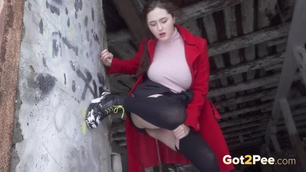 White girl Alexa ducks into an abandoned farm building for a badly needed piss  - Pissing, Pantyhose, Outdoor, Non Nude, PAWG, Skirt, Ass, Close Up, Babe, Beautiful  - Photo 7