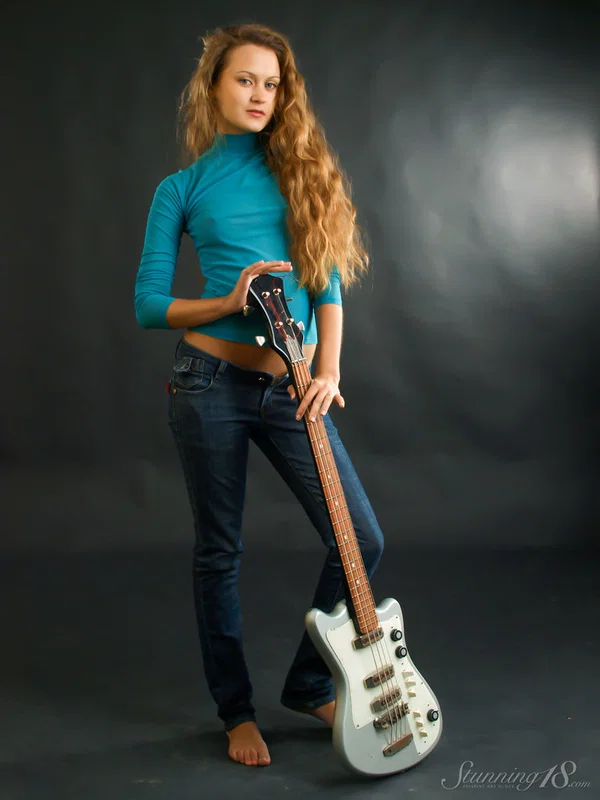 18-year-old girl Karissa P holds a bass guitar while getting totally naked  - Jeans, Blonde, Tiny Tits, Close Up, Clothed, Ass, Pussy, PAWG, Shaved, Cute  - Photo 1