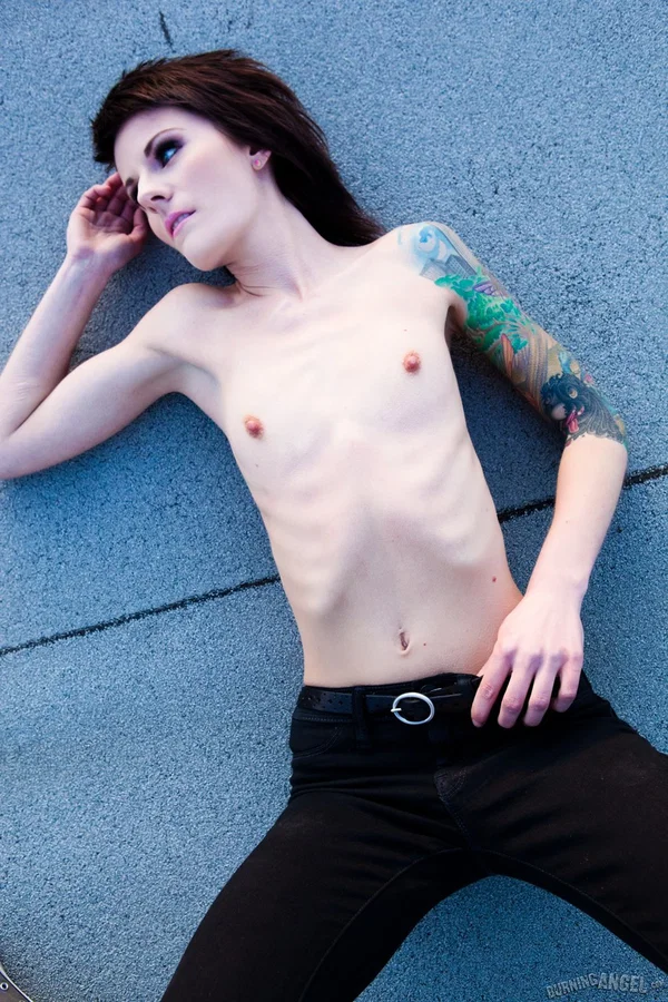 Skinny alt babe with tattooed body exposing tiny tits outdoors on rooftop  - Skinny, Nipples, Tiny Tits, Tattoo, Babe, Outdoor, Clothed, Jeans, Panties, Undressing  - Photo 10