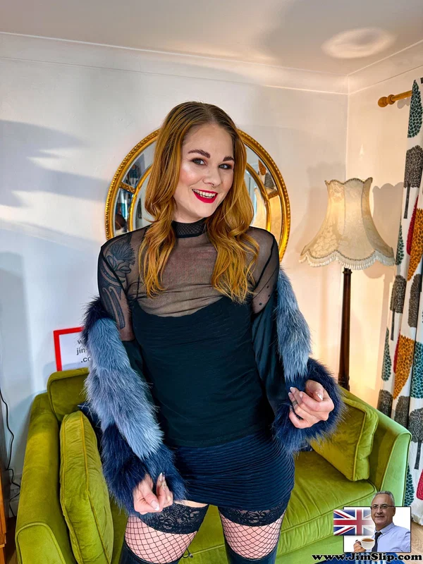 Sexy redhead models a fur coat and black miniskirt in thigh-high boots  - Leather, Redhead, Stockings, Clothed, Upskirt, High Heels, Skirt, Amateur, Beautiful, Non Nude  - Photo 11
