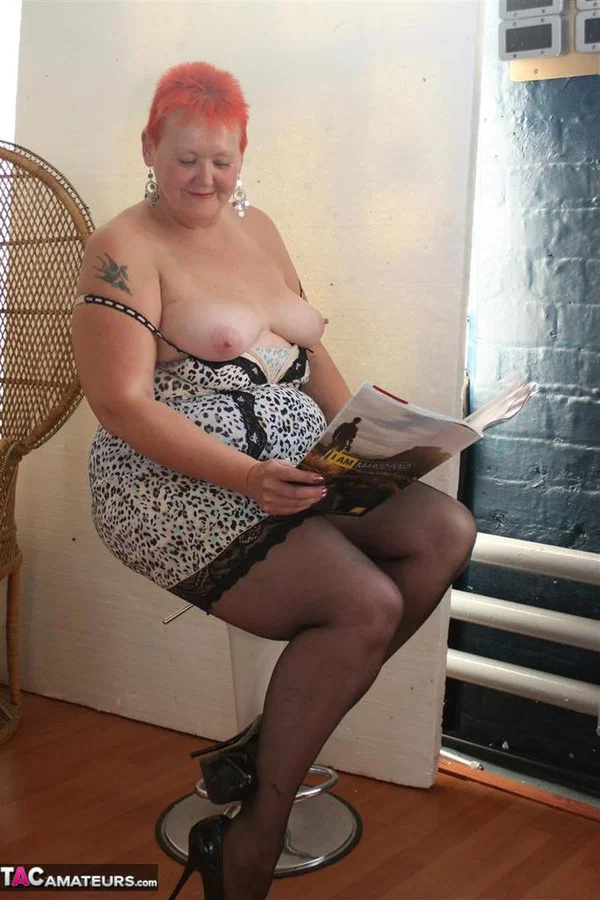 Mature redhead Valgasmic Exposed releases her natural tits from lingerie  - Mature, BBW, Chubby, Curvy, Thick, Short Hair, Amateur, Redhead, Stockings, Big Tits  - Photo 10
