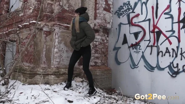 Blonde girl Masha takes a badly needed pee on snow-covered ground  - Public, Pissing, Boots, Outdoor, Pussy, Spreading, Close Up, Undressing, Shaved, Panties  - Photo 2