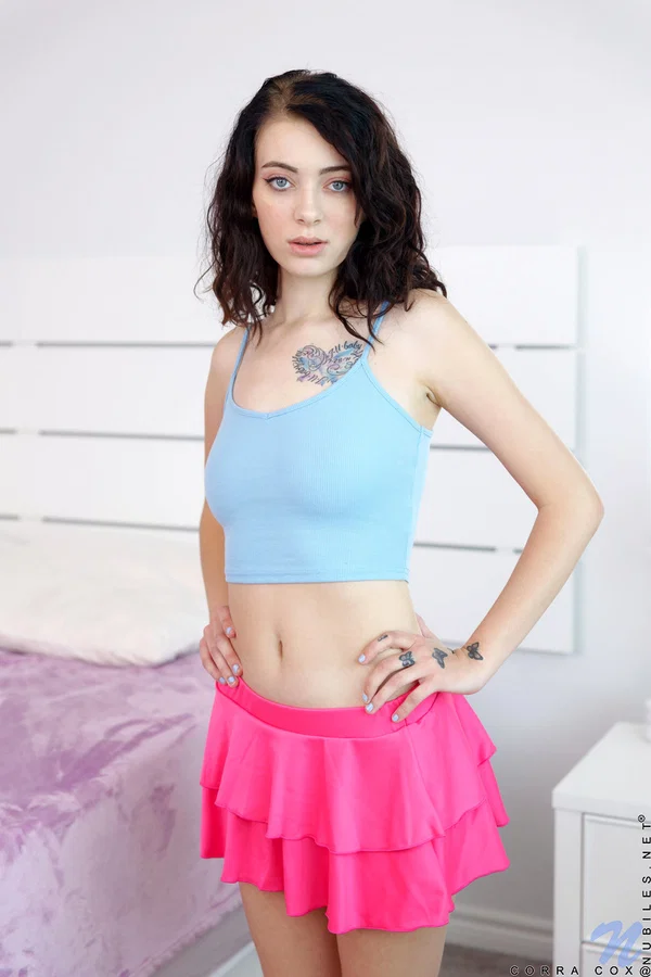 Brunette teen Corra Cox holds her tight ass while showing her pink pussy  - College, Ass, Spreading, Skirt, Tiny Tits, Skinny, Pussy, Tattoo, Panties, Natural Tits  - Photo 1