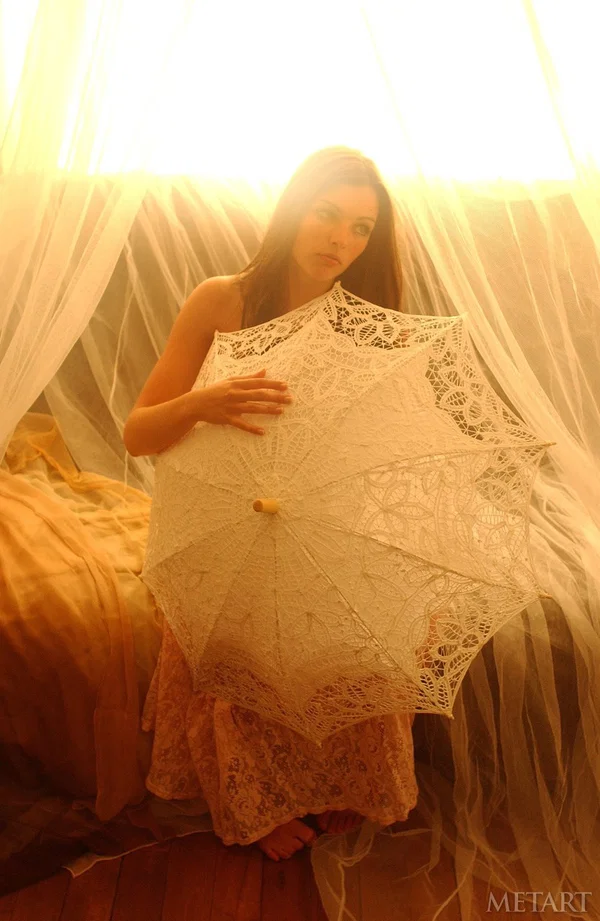 Solo girl holds an umbrella while topless under a canopy of tulle  - Babe, Skirt, Model, Glamour, Outdoor, Cute, Teen, Beautiful, Solo, Amateur  - Photo 6