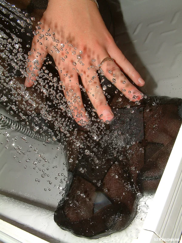 Sexy brunette Kasia wets down her harlequin pantyhose while in a bathroom  - Pantyhose, Shower, Bath, Lingerie, Wet, Feet, Close Up, Ass, PAWG, High Heels  - Photo 1
