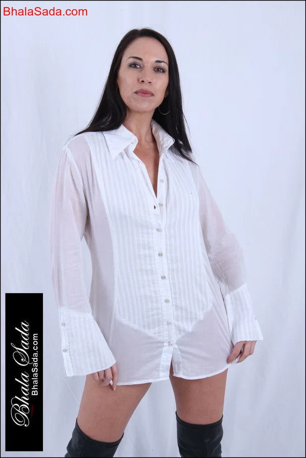 Brunette MILF Bhala Sada poses in a white dress shirt and black OTK boots  - MILF, Brunette, Non Nude, Babe, Beautiful, Solo  - Photo 2