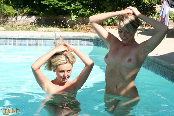 Blonde lesbians go bare naked for a dip in an outdoor swimming pool  - Amateur, Outdoor, Pool, Blonde, Wet, Reality, Lesbian, Ass, Tiny Tits, PAWG  - Photo 12