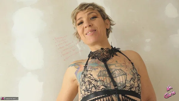 Amateur woman with short blonde hair models sensual lingerie  - Tattoo, Lingerie, MILF, Short Hair, Panties, Ass, Amateur, PAWG, High Heels, Spreading  - Photo 13