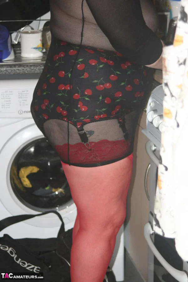 Old woman models her new red stockings in see thru clothing and heels  - Granny, BBW, Lingerie, Amateur, Stockings, Chubby, High Heels, Big Tits, Short Hair, Curvy  - Photo 1