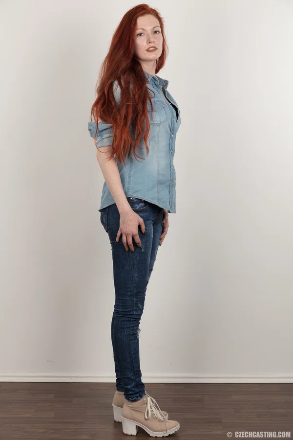 Amateur girl with long red hair takes a seat after standing naked  - Czech, Casting, Redhead, Amateur, Jeans, Big Tits, European, Pornstar, Nipples, Close Up  - Photo 4