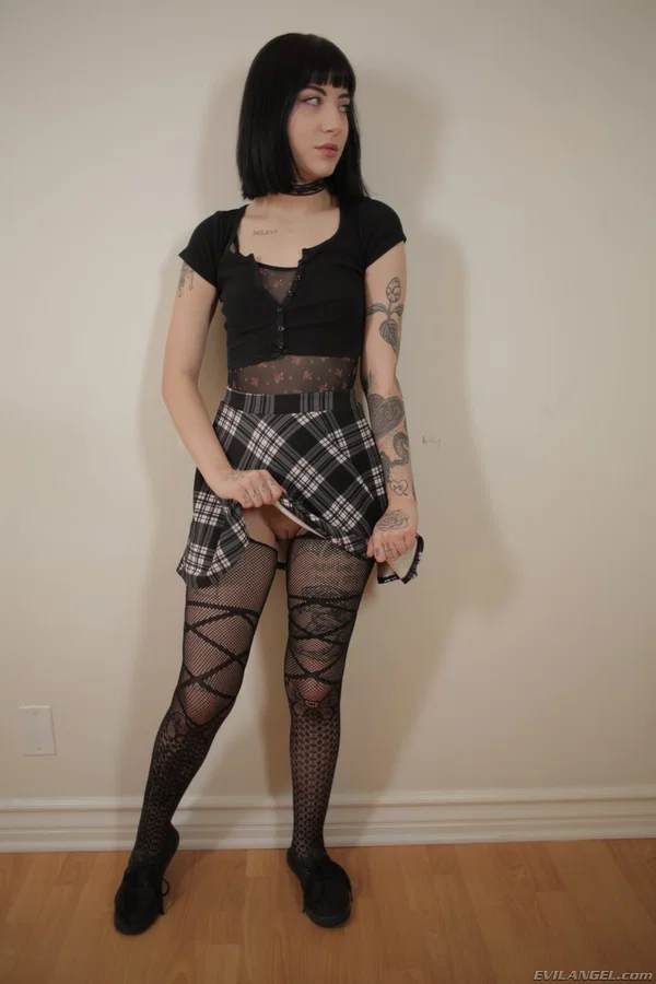 Emo teen Charlotte Sartre posing in stockings and spreading her ass in solo  - Tattoo, Upskirt, Stockings, Pussy, Skirt, Shaved, Ass, Short Hair, Brunette, Pornstar  - Photo 4
