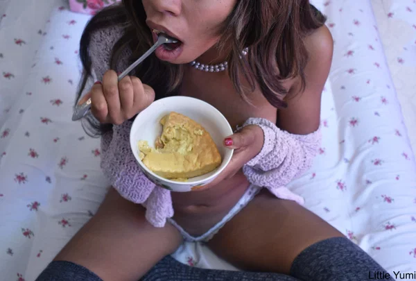 Black babe in gray socks Little Yumi flaunts her tits while eating on a bed  - Ebony, Amateur, Teen, Socks, Babe, Cute, Sexy, Beautiful, Non Nude, Petite  - Photo 6