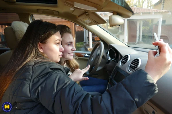 Long haired European lovers take a selfie in the car before lesbian sex action  - Selfie, Outdoor, Lesbian, Teen, Reality, Clothed, European, Amateur, Cute  - Photo 20