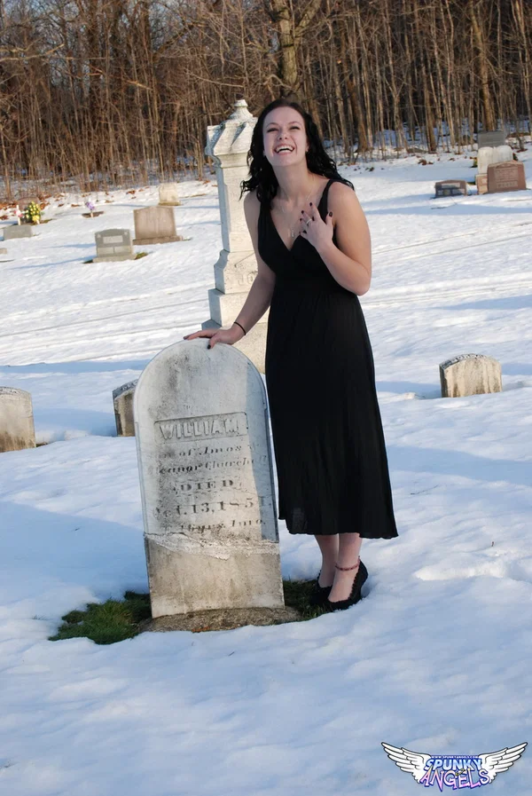 Amateur chick Emily Love exposes her tits in the graveyard during the winter  - Outdoor, Non Nude, Amateur, Skirt, Babe, Brunette, Tiny Tits, Natural Tits, Solo, Beautiful  - Photo 2