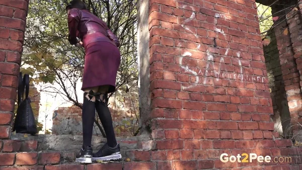 Nice girl Kristyna takes a badly needed piss in black over the knee socks  - Public, Pissing, Fetish, Leather, Socks, Outdoor, Pussy, Spreading, Shaved, Skirt  - Photo 2