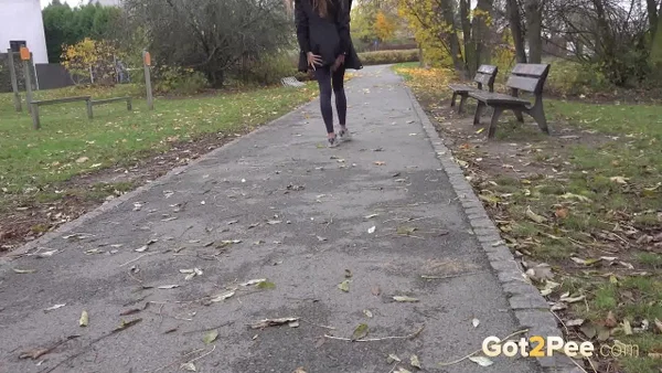 Caucasian girl Maddi Black takes a piss up against a tree in a park  - Pissing, Public, Pussy, Outdoor, European, Close Up, Beautiful, Babe, Non Nude, Solo  - Photo 15