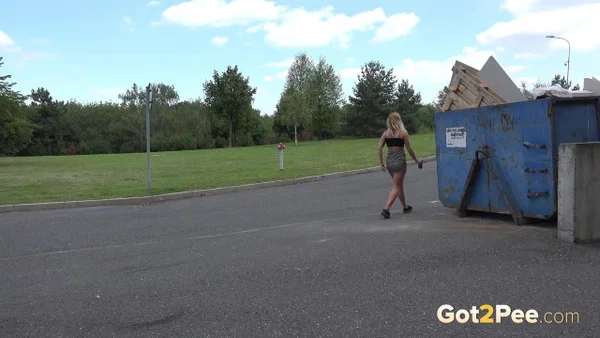Caucasian girl Chrissy takes a badly needed piss on the steps of a building  - Public, Police, Blonde, Panties, Pussy, Upskirt, Skirt, Close Up, Spreading, PAWG  - Photo 15