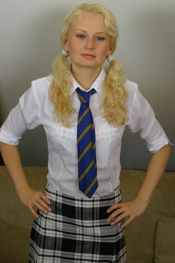 Cute blonde Karen undresses and shows her natural body in a solo  - Schoolgirl, Petite, Pigtails, Upskirt, Babe, Socks, Beautiful, Solo, Sexy, Teen  - Photo 1
