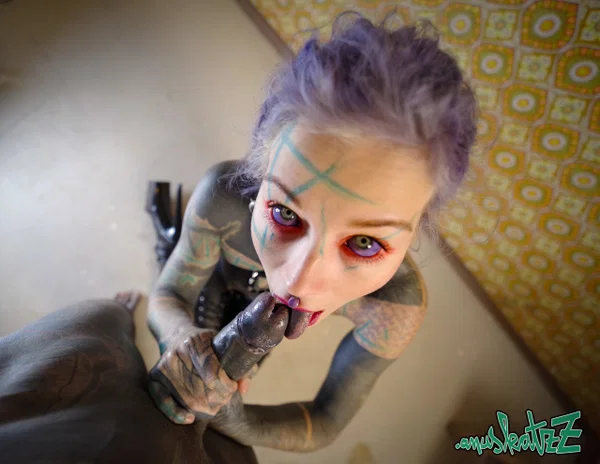 Heavily inked girl Lily Lu licks a black cock and toys her twat in high heels  - Fetish, Boots, Piercing, Tattoo, Lingerie, Shaved, Dildo, Teen, Anal, Leather  - Photo 11