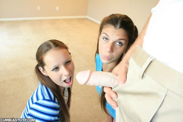 Lusty teen brunette sharing a cock with her friend and getting bukkaked  - Cumshot, Teen, Facial, Blowjob, Handjob, Pigtails, Cute, Schoolgirl  - Photo 8