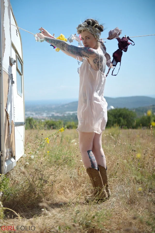 Tattooed girl Anna Quinn slips off sheer nightie with her underwear on a line  - Tattoo, Outdoor, Boots, Clothed, Babe, Big Tits, British, Skirt, Ass, Glamour  - Photo 6