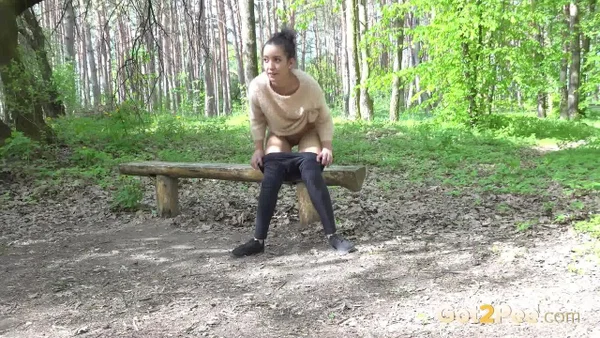 Caucasian girl Esperansa takes a pee on dried leaves in a public park  - Pissing, Pussy, Outdoor, Non Nude, Close Up, Shaved, Undressing, Babe, Beautiful, Solo  - Photo 14