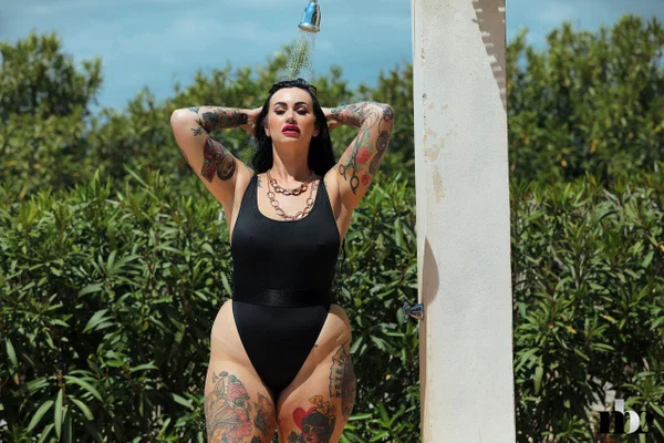 Chubby babe Cherrie Pie shows off her tattooed naked body outdoors  - Curvy, Tattoo, Shower, BBW, Chubby, Thick, Wet, Outdoor, Sexy, Big Tits  - Photo 3