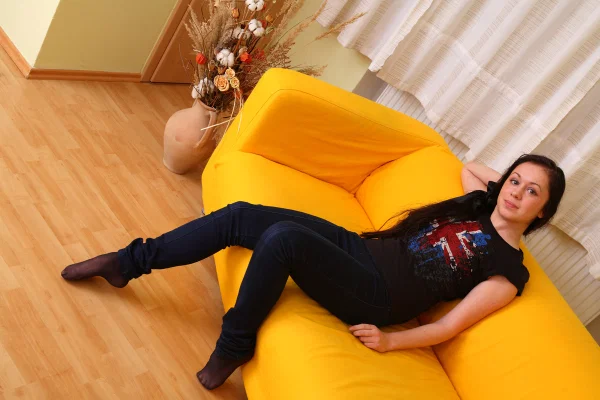 Brunette teen Dalia plays with her pussy after getting completely naked  - Jeans, Amateur, PAWG, Clothed, Brunette, Undressing, Face, Feet, Ass, Spreading  - Photo 1