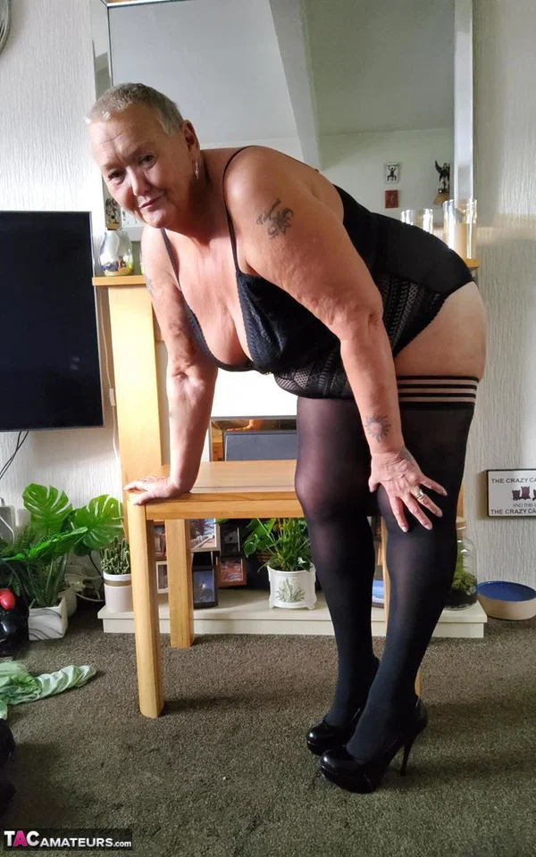 Fat granny Valgasmic Exposed sports short hair while exposing her tits & pussy  - Granny, BBW, Chubby, Curvy, Lingerie, Amateur, Thick, Short Hair, Saggy Tits, Stockings  - Photo 6