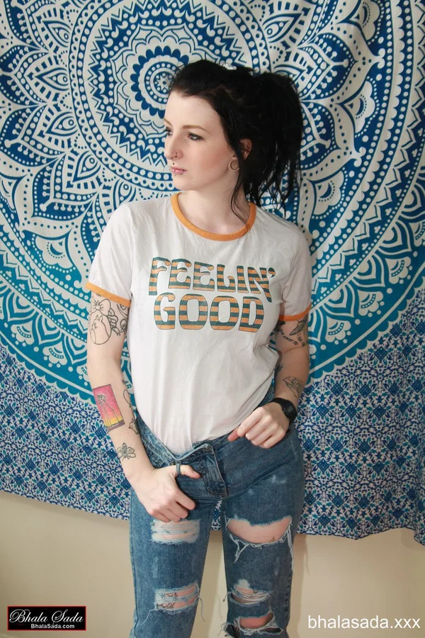 Gorgeous brunette MILF posing in her white shirt and ripped jeans in a solo  - Jeans, Tattoo, MILF, Clothed, Babe, Non Nude, Beautiful, Solo, Brunette  - Photo 15