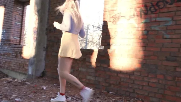Blonde chick squats for a piss by an abandoned brick building  - Public, Pissing, Skirt, Panties, Non Nude, Pussy, Shaved, Spreading, Outdoor, Upskirt  - Photo 14