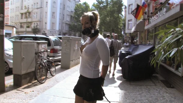 Blonde chick sports a collar and ball gag while being humiliated in a clothing s  - Public, Bondage, BDSM, Blowjob, Big Tits, Clothed, Skirt, Outdoor, Schoolgirl, Non Nude  - Photo 11
