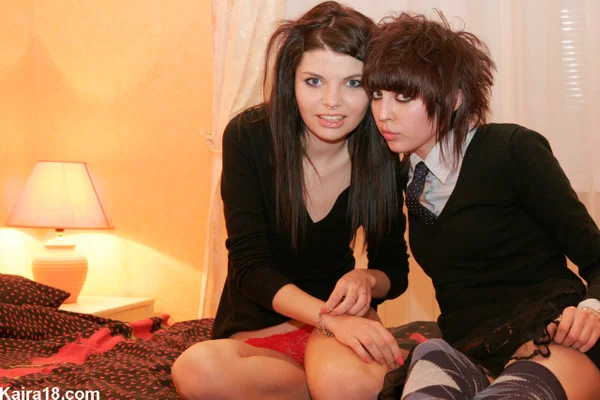 Kaira 18 gets naked after kissing a lesbian student on a bed  - Emo, Teen, Socks, Czech, Lesbian, Clothed, Skinny, Kissing, Tiny Tits, Panties  - Photo 4