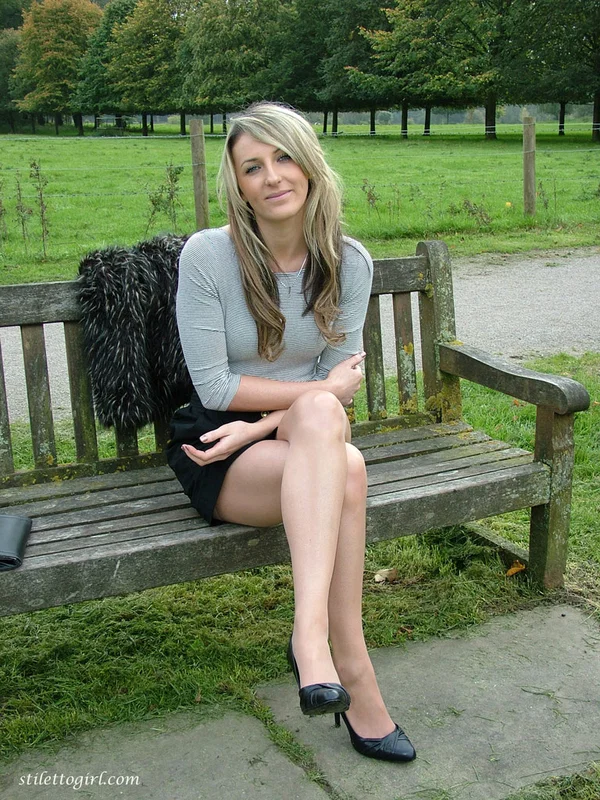 Leg model poses on a country bench in black skirt and pumps  - Fetish, Outdoor, Clothed, Non Nude, Legs, High Heels, Skirt, Babe, Beautiful, Blonde  - Photo 9