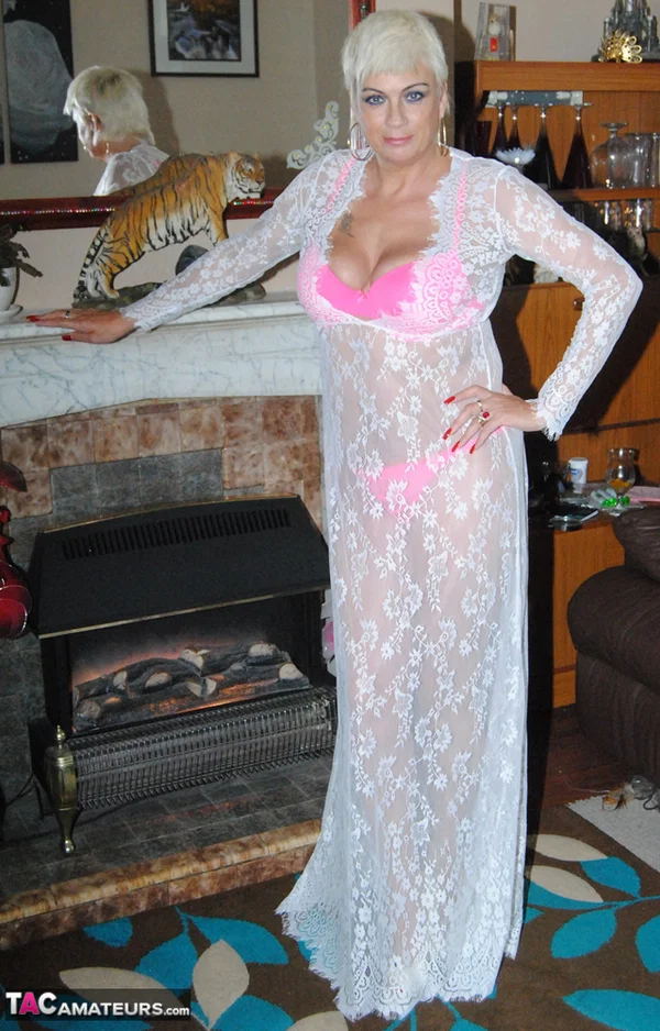 Sexy older woman with short hair Dimonty removes lace gown in pink underthings  - Mature, Lingerie, Amateur, Short Hair, Blonde, Panties  - Photo 3