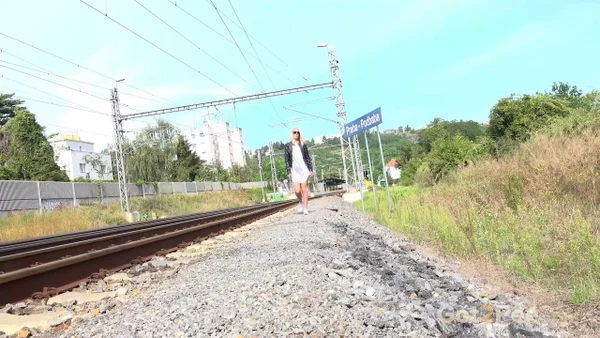 Blonde chick Debora shows her shaved pussy while peeing beside railway tracks  - Public, Pissing, Pussy, Fetish, Glasses, Leather, Outdoor, Panties, Shaved, Spreading  - Photo 1