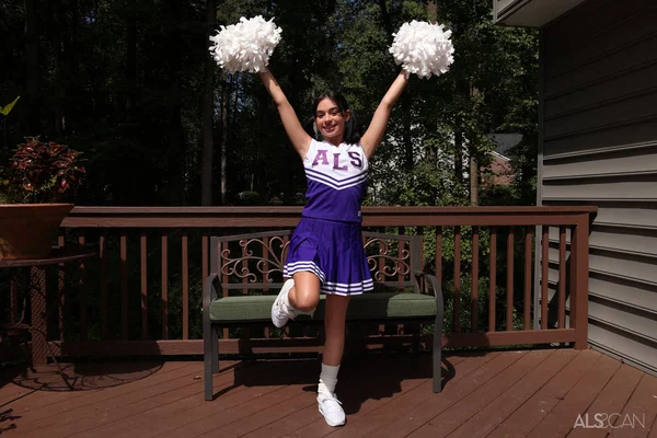 Brunette cheerleader Aria Valencia discards her uniform before masturbating  - Cheerleader, Pissing, Teen, Tiny Tits, Amateur, Cute, Pussy, Outdoor, Spreading, Shaved  - Photo 1