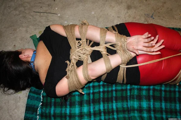 Clothed female lays on a blanket all tied up with ropes and ball gagged  - Bondage, Clothed, BDSM, High Heels, Babe, Schoolgirl, Brunette, Beautiful, Solo  - Photo 10