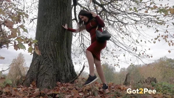 Distressed girl Sasha S hikes up her long dress to pee beside an old tree  - Public, Pissing, Close Up, Outdoor, Pantyhose, Spreading, Pussy, Non Nude, Shaved, Solo  - Photo 2