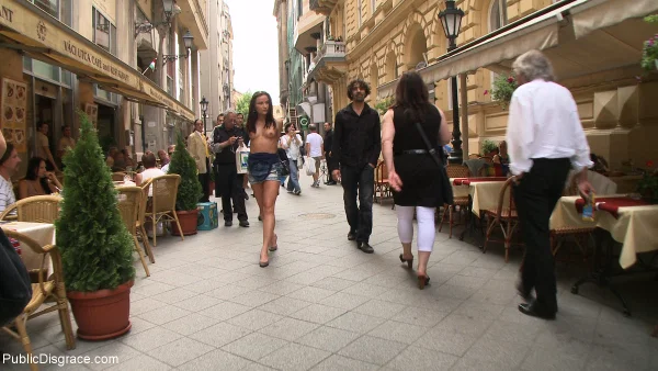 Young brunette is tied up in the street and forced to walk naked  - Public, Czech, Skirt, Outdoor, Ass, Dress, Tiny Tits, Panties, High Heels, Brunette  - Photo 11
