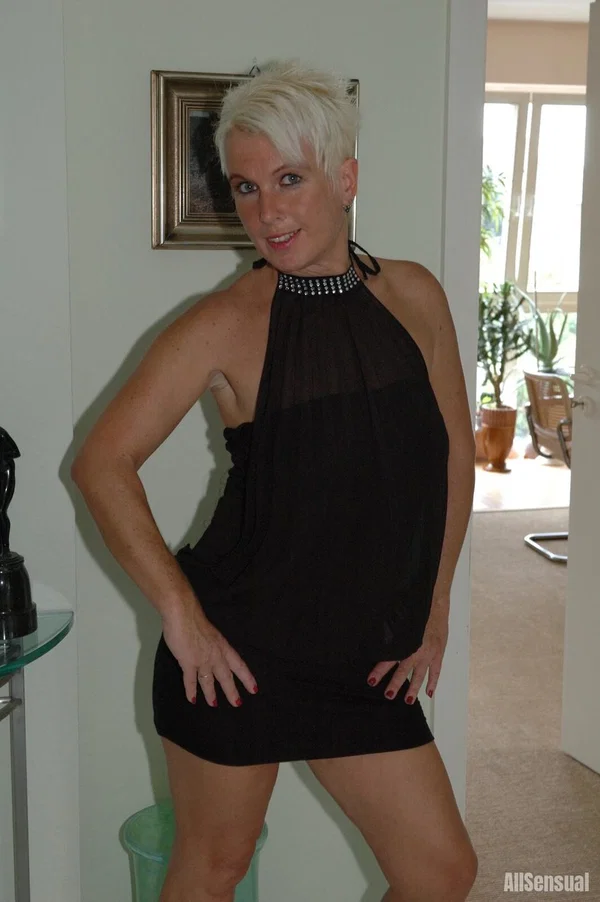Mature platinum blonde Claudia works her natural tits free of a black dress  - Mature, Short Hair, Amateur, Upskirt, Clothed, Blonde, Skirt, Spreading, Big Tits, Panties  - Photo 1