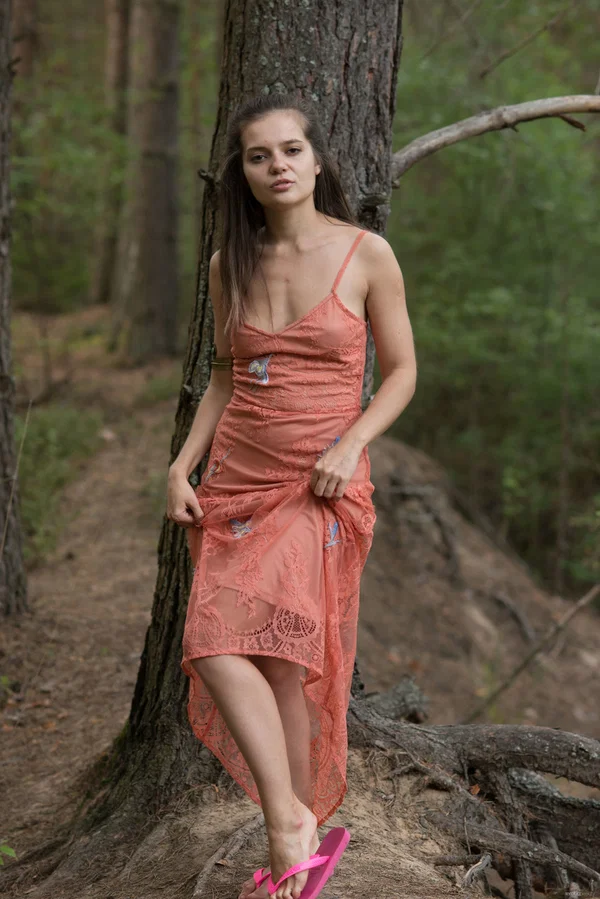Nice teen girl strikes confident nude poses in a forest while wearing flip-flops  - Outdoor, Teen, Shaved, Tiny Tits, Dress, Clothed, Ass, Pussy, Skirt, Brunette  - Photo 3