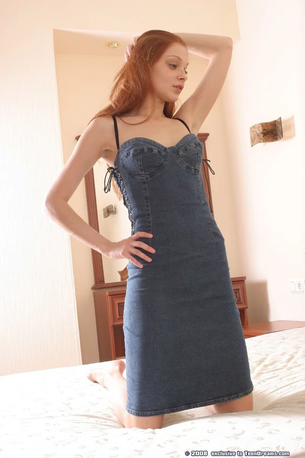 Redheaded amateur teen Anna strips her denim dress and poses naked in a solo  - Amateur, Teen, Cute  - Photo 14