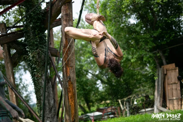 Naked girls are suspended from a backyard tree with block and tackle  - Tattoo, Piercing, Bikini, Fetish, Outdoor, BDSM, Teen, Bondage, Wet, PAWG  - Photo 12