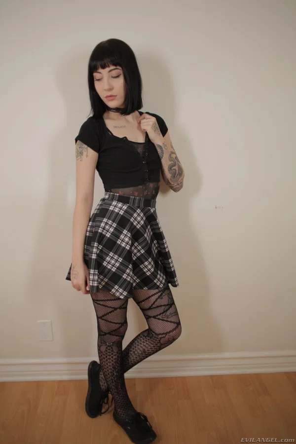 Emo teen Charlotte Sartre posing in stockings and spreading her ass in solo  - Tattoo, Upskirt, Stockings, Pussy, Skirt, Shaved, Ass, Short Hair, Brunette, Pornstar  - Photo 3