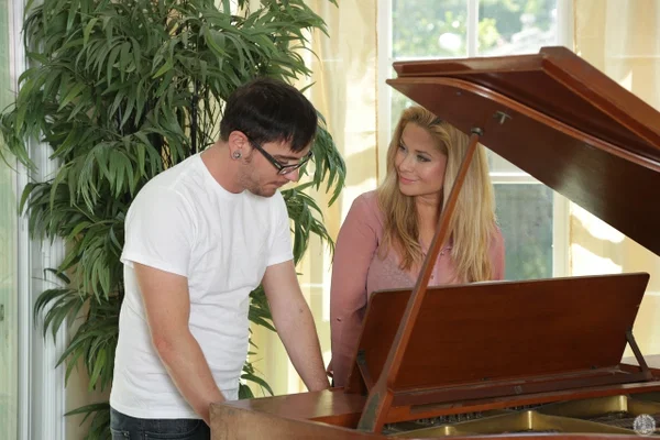 Blonde MILF gives an amazing blowjob after her piano lesson, until he cums  - Cougar, Old Young, Mature, MILF, Handjob, Blowjob, Big Tits, Natural Tits, High Heels, Glasses  - Photo 2