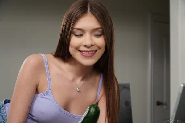 Skinny cutie with lusty eyes Winter Jade sucks a cucumber before a male rod  - Blowjob, Teen, Dildo, Cute, Cumshot, Natural Tits, Tiny Tits  - Photo 3