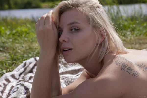Slim blonde girl models totally nude on a blanket near a body of water  - Beach, Outdoor, Teen, Masturbation, Ass, Beautiful, Cute, Babe, Glamour, Tiny Tits  - Photo 20